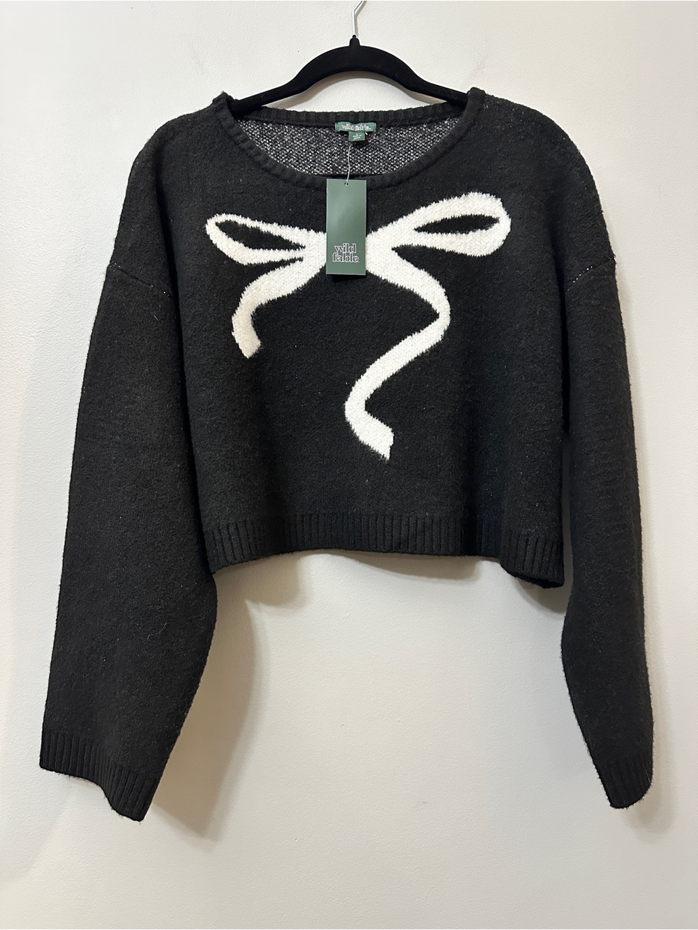 Wild Fable Black Bow Cropped Sweater Size L NWT Coquette Knit Pullover